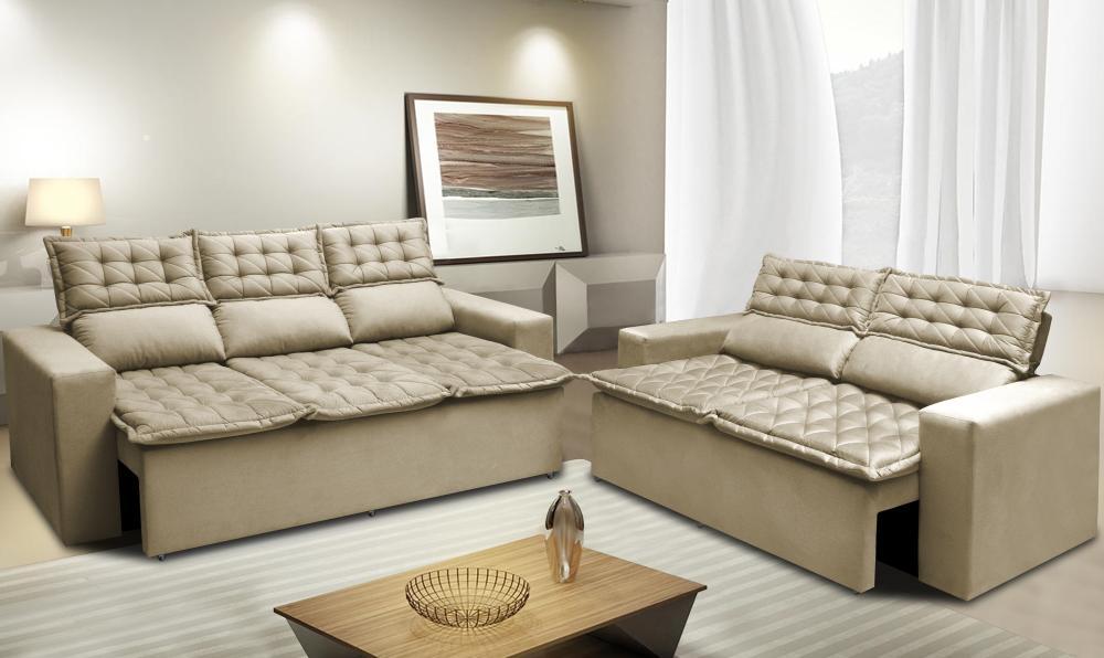 Conjunto de Sofá 3 e 2 Lugares Retrátil e Reclinável Cama inBox Slim 2,00x1,50m Velusoft Bege - 1