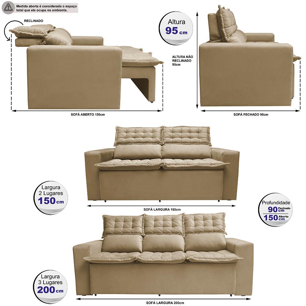 Conjunto de Sofá 3 e 2 Lugares Retrátil e Reclinável Cama inBox Slim 2,00x1,50m Velusoft Bege - 3