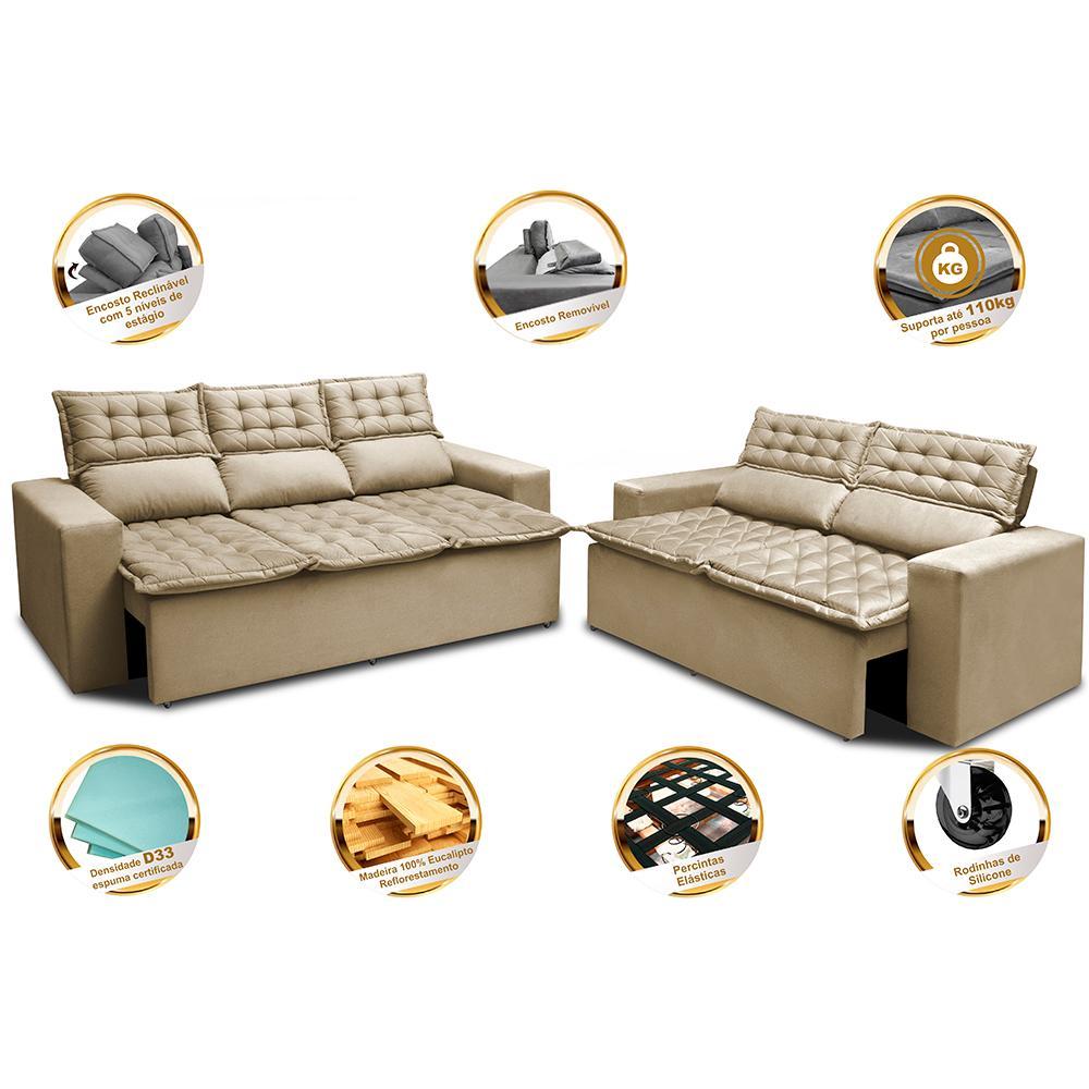 Conjunto de Sofá 3 e 2 Lugares Retrátil e Reclinável Cama inBox Slim 2,00x1,50m Velusoft Bege - 4