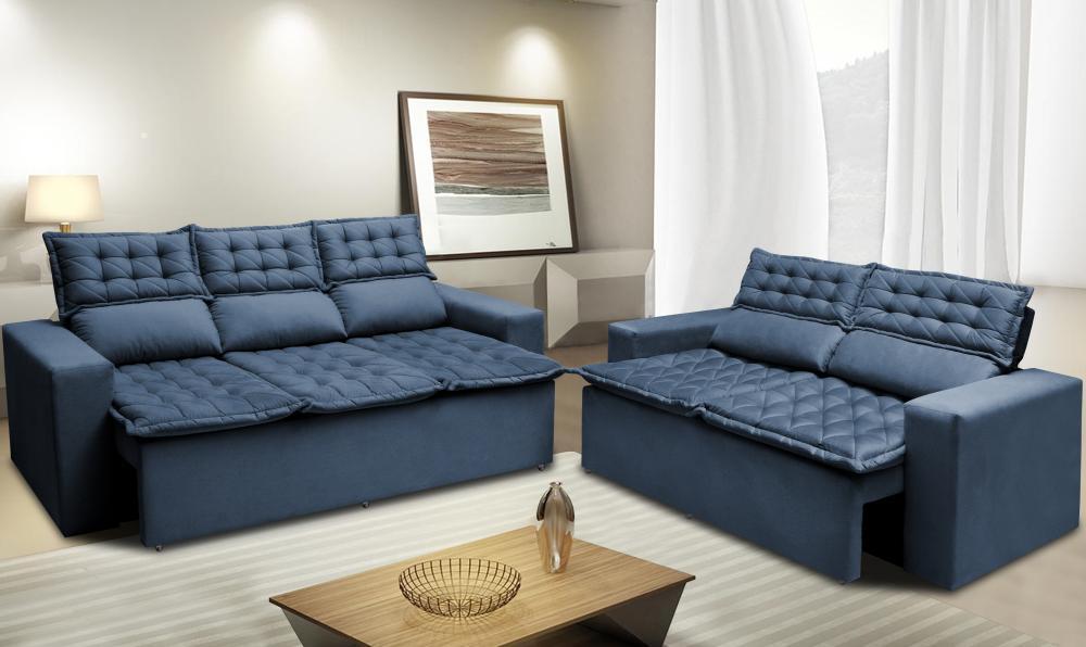 Conjunto de Sofá 3 e 2 Lugares Retrátil e Reclinável Cama inBox Slim 2,00x1,50m Velusoft Azul - 1