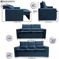Conjunto de Sofá 3 e 2 Lugares Retrátil e Reclinável Cama inBox Slim 2,00x1,50m Velusoft Azul - 3