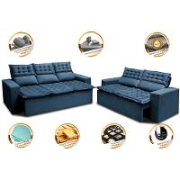 Conjunto de Sofá 3 e 2 Lugares Retrátil e Reclinável Cama inBox Slim 2,00x1,50m Velusoft Azul