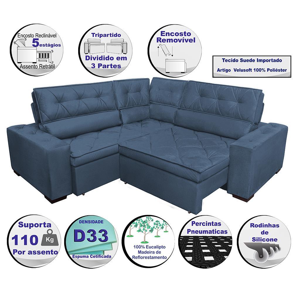 Sofa de Canto Retrátil e Reclinável com Molas Cama inBox Austin 2,70m x 2,70m Suede Velusoft Azul - 3