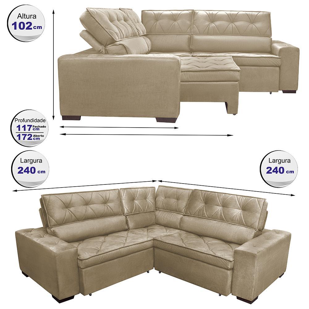 Sofa de Canto Retrátil e Reclinável com Molas Cama inBox Austin 2,40m x 2,40m Suede Velusoft Castor - 2