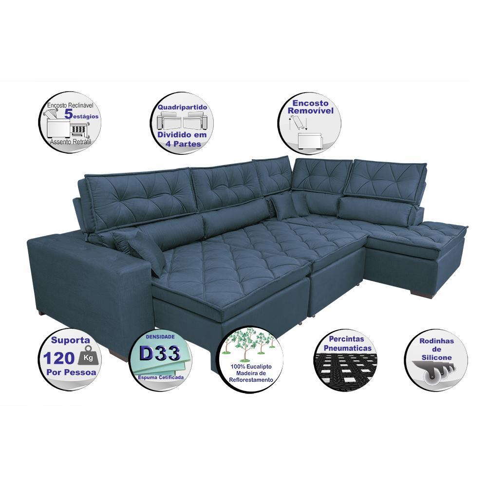 Sofa de Canto Retrátil e Reclinável com Molas Cama inBox Platinum 3,40x2,36 Tecido Suede Azul - 4