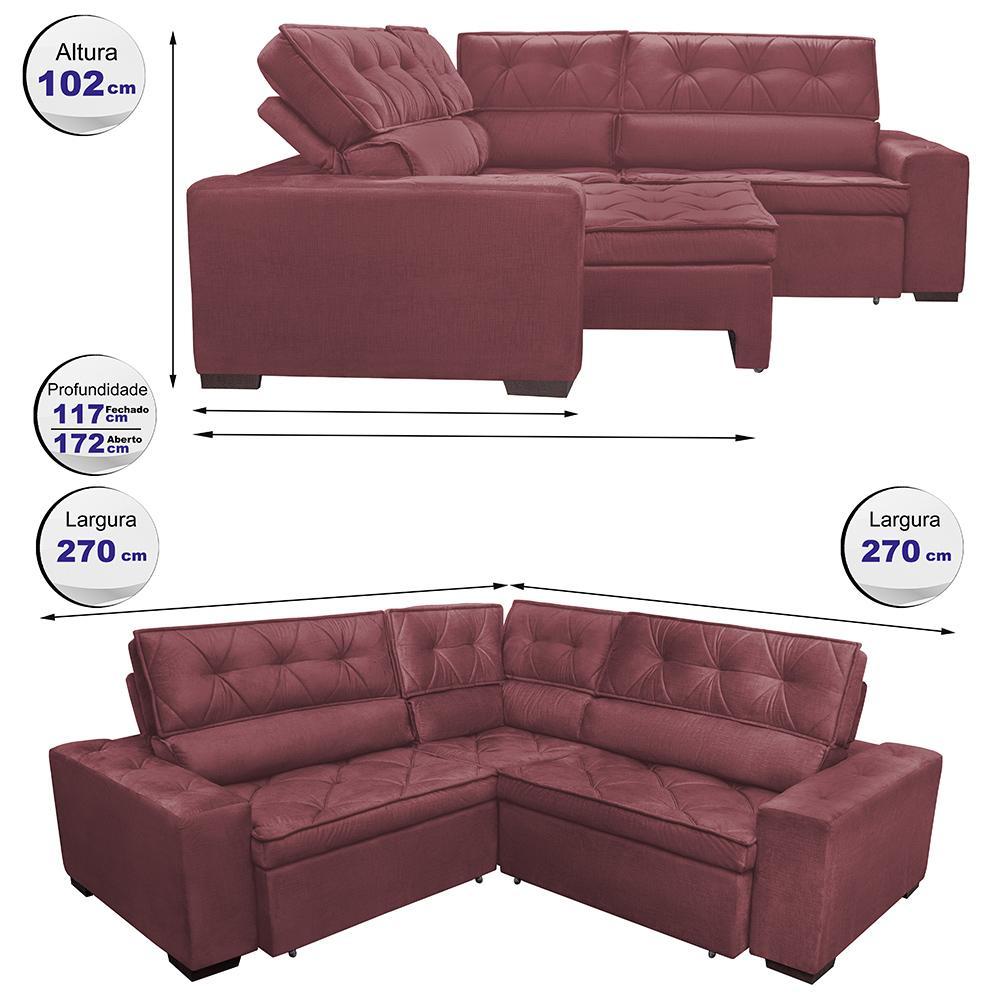 Sofa de Canto Retrátil e Reclinável com Molas Cama inBox Austin 2,70m x 2,70m Suede Velusoft Vinho - 2