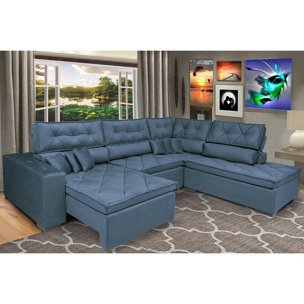 Sofa de Canto Retrátil e Reclinável com Molas Cama inBox Platinum 3,00x2,36 Tecido Suede Azul - 1