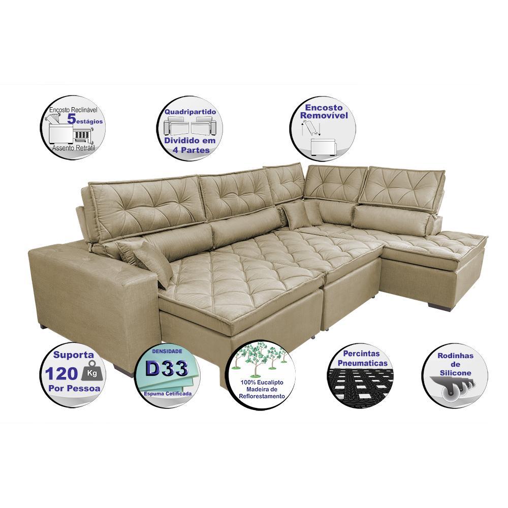 Sofa de Canto Retrátil e Reclinável com Molas Cama inBox Platinum 3,40x2,36 Tecido Suede Bege - 4