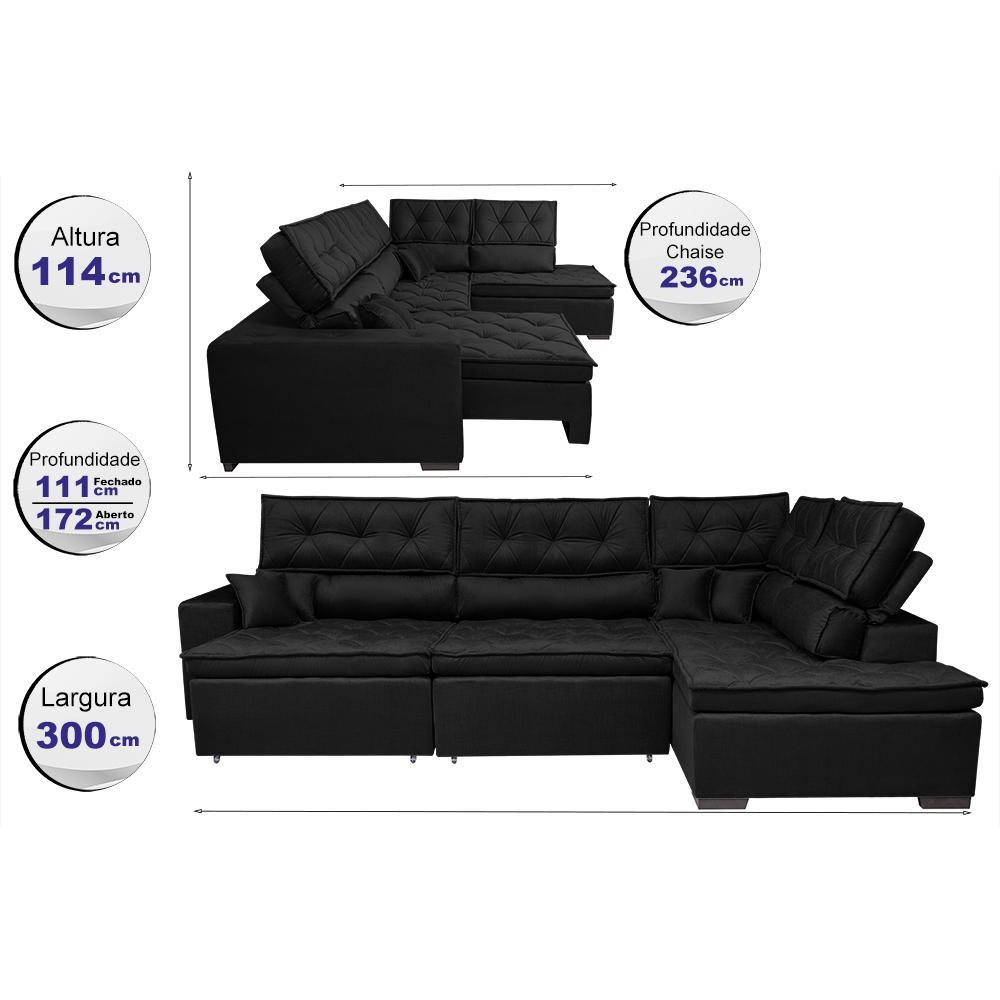 Sofa de Canto Retrátil e Reclinável com Molas Cama inBox Platinum 3,00x2,36 Tecido Suede Preto - 2