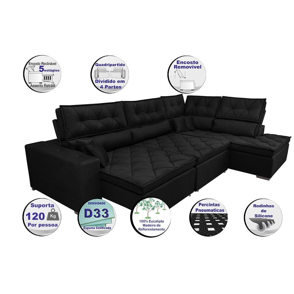 Sofa de Canto Retrátil e Reclinável com Molas Cama inBox Platinum 3,00x2,36 Tecido Suede Preto - 4