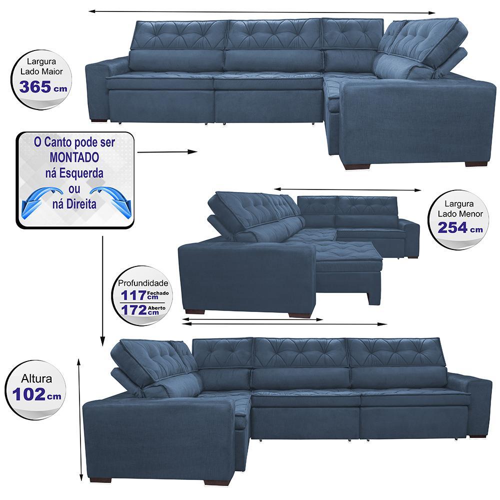 Sofa de Canto Retrátil e Reclinável com Molas Cama inBox Austin 3,65X2,54 ou 2,54X3,65 Suede Velusoft Azul - 2