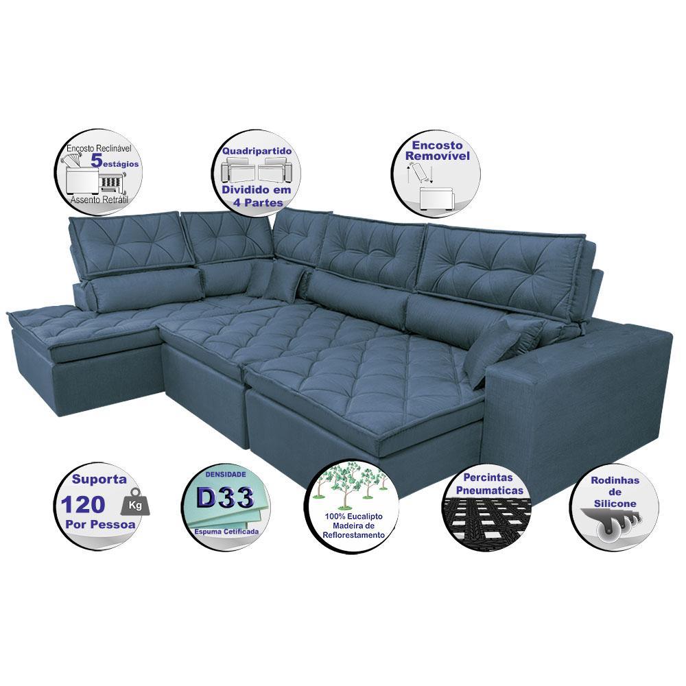 Sofa de Canto Retrátil e Reclinável com Molas Cama inBox Platinum Esquerdo 3,40x2,36 Suede Azul - 4