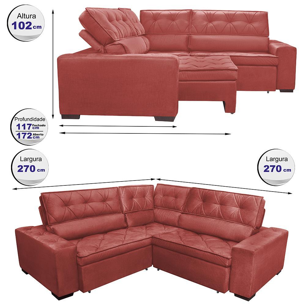Sofa de Canto Retrátil e Reclinável com Molas Cama inBox Austin 2,70m x 2,70m Suede Velusoft Vermelho - 2