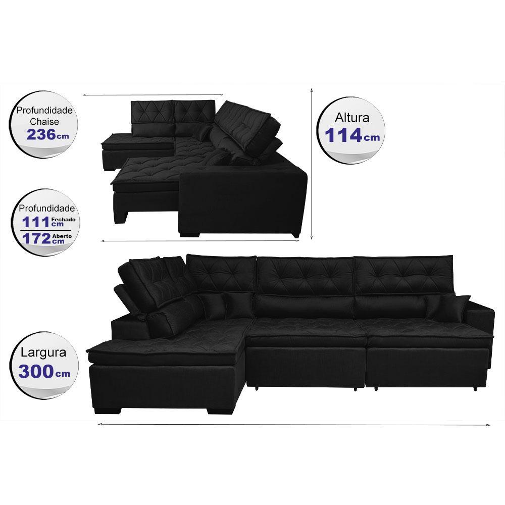 Sofa de Canto Retrátil e Reclinável com Molas Cama inBox Platinum Esquerdo 3,00x2,36 Suede Preto - 2