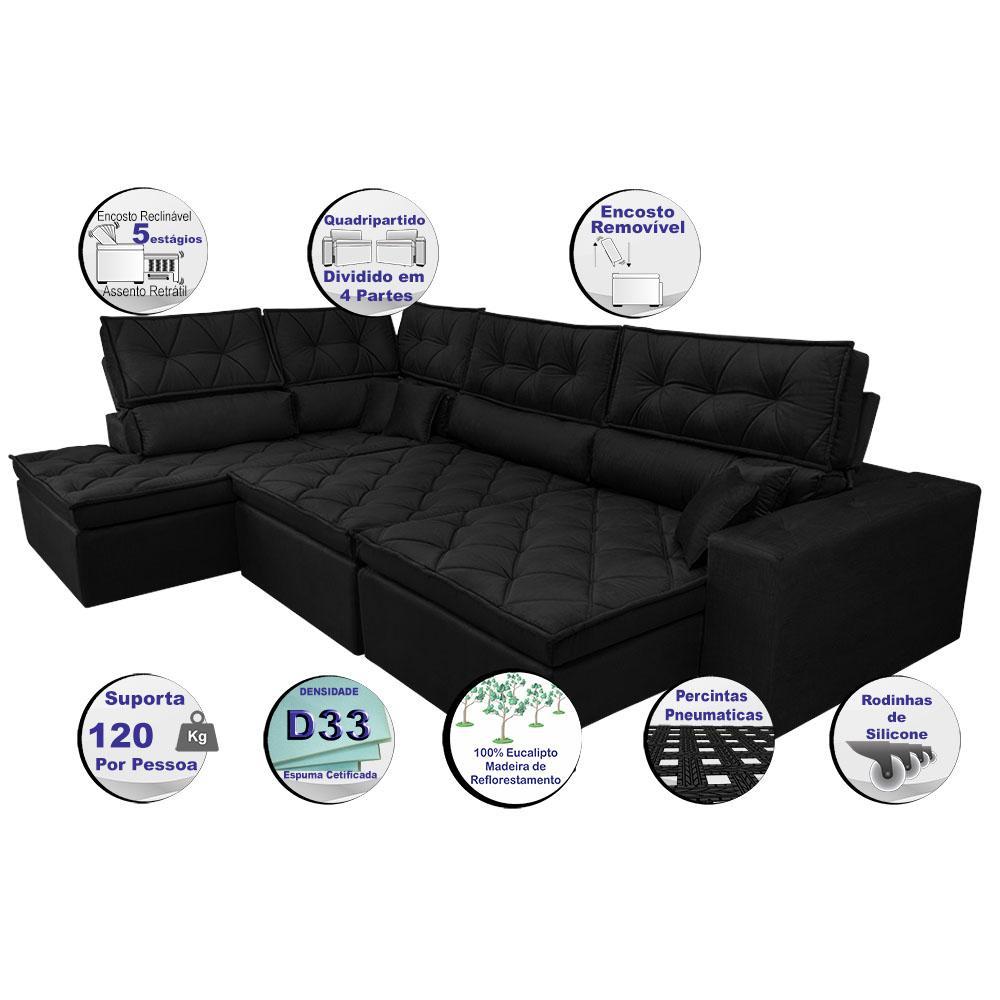 Sofa de Canto Retrátil e Reclinável com Molas Cama inBox Platinum Esquerdo 3,00x2,36 Suede Preto - 4