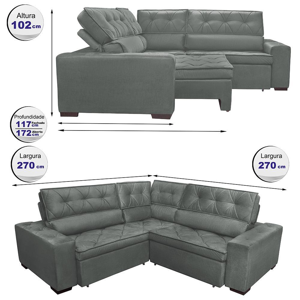 Sofa de Canto Retrátil e Reclinável com Molas Cama inBox Austin 2,70m x 2,70m Suede Velusoft Cinza - 2