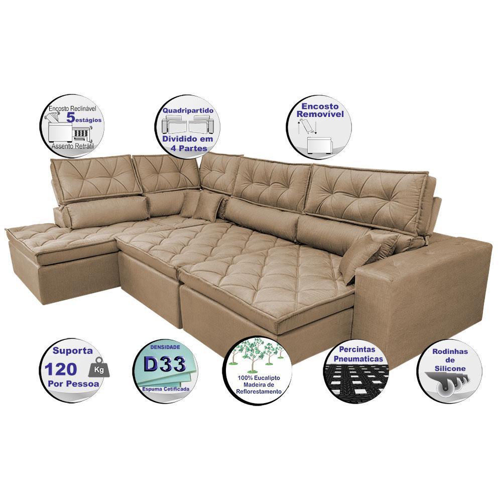 Sofa de Canto Retrátil e Reclinável com Molas Cama inBox Platinum Esquerdo 3,00x2,36 Suede Castor - 4