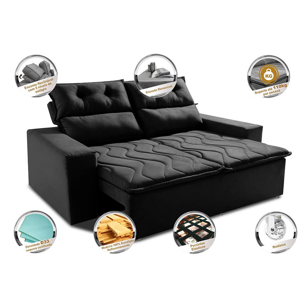 Sofá Retrátil e Reclinável 1,50m Cama inBox Smal com bordado pantográfico Suede Preto - 3