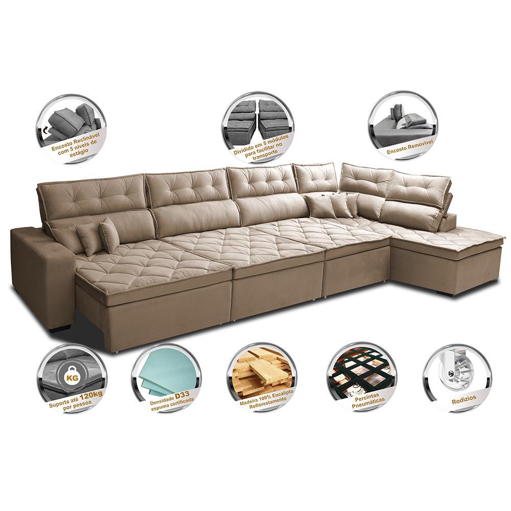 Sofá de Canto 4,80x2,36m Retrátil e Reclinável com Molas Cama inBox Platinum Direito Suede Bege - 3