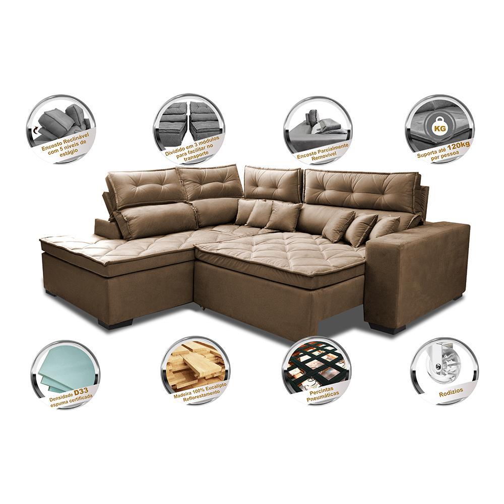 Sofá de Canto 2,60x2,36m Retrátil e Reclinável com Molas Cama inBox Platinum Esquerdo Suede Castor - 3