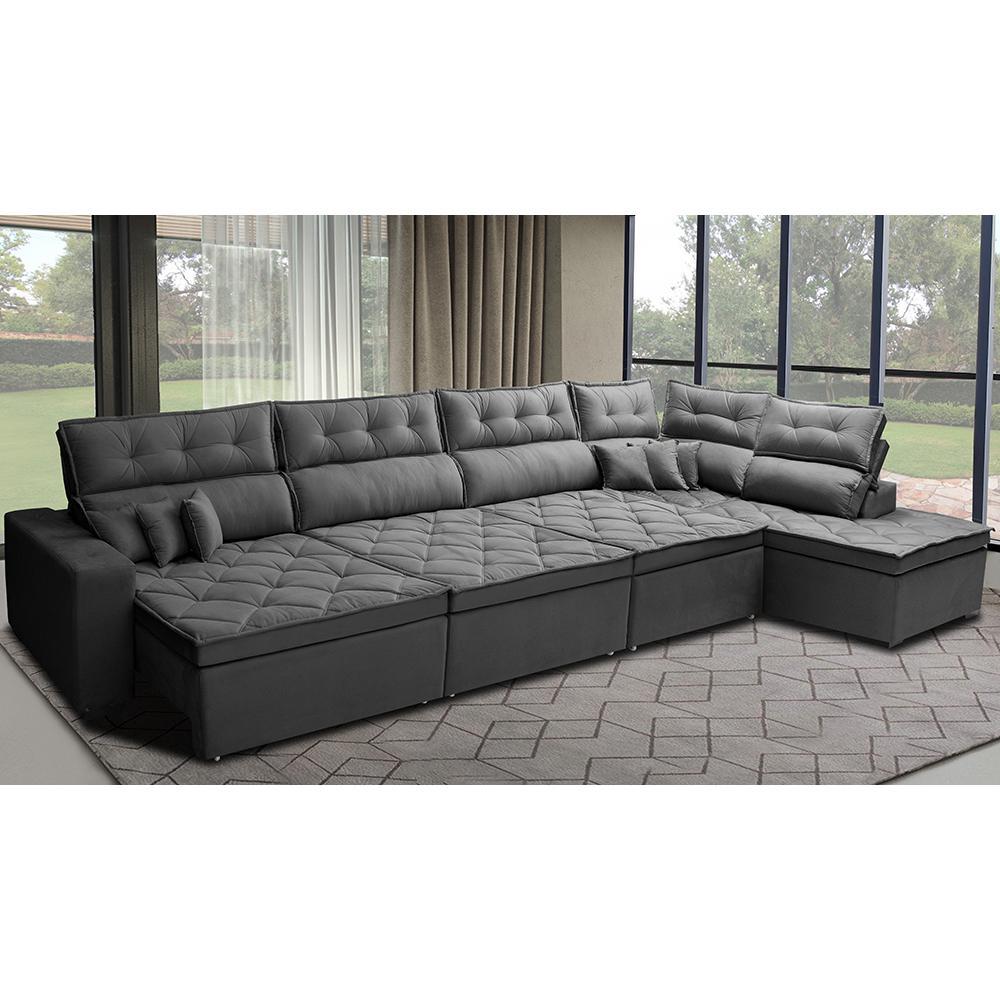 Sofá de Canto 4,80x2,36m Retrátil e Reclinável com Molas Cama inBox Platinum Direito Suede Cinza - 1