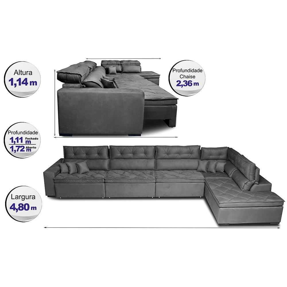 Sofá de Canto 4,80x2,36m Retrátil e Reclinável com Molas Cama inBox Platinum Direito Suede Cinza - 2