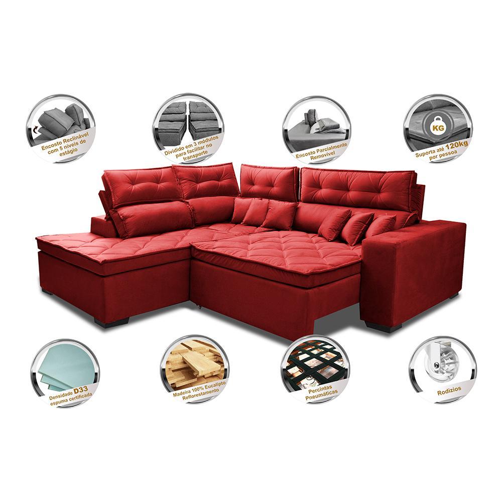 Sofá de Canto 2,60x2,36m Retrátil e Reclinável com Molas Cama inBox Platinum Esquerdo Suede Vermelho - 3