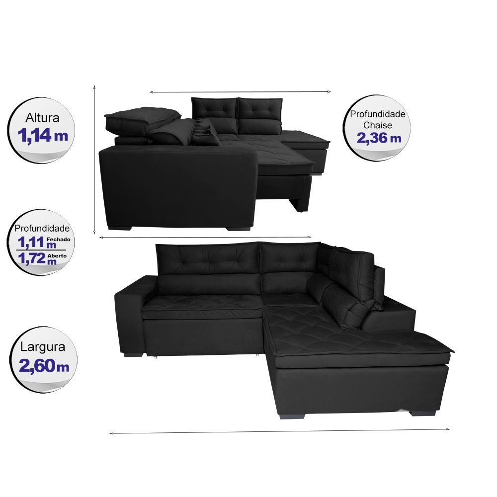 Sofá de Canto 2,60x2,36m Retrátil e Reclinável com Molas Cama inBox Platinum Direito Suede Preto - 2