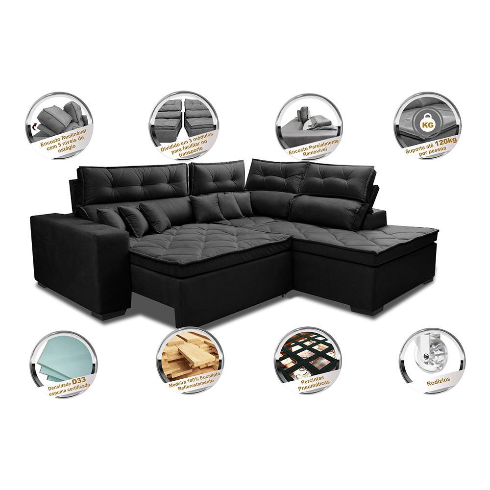 Sofá de Canto 2,60x2,36m Retrátil e Reclinável com Molas Cama inBox Platinum Direito Suede Preto - 3