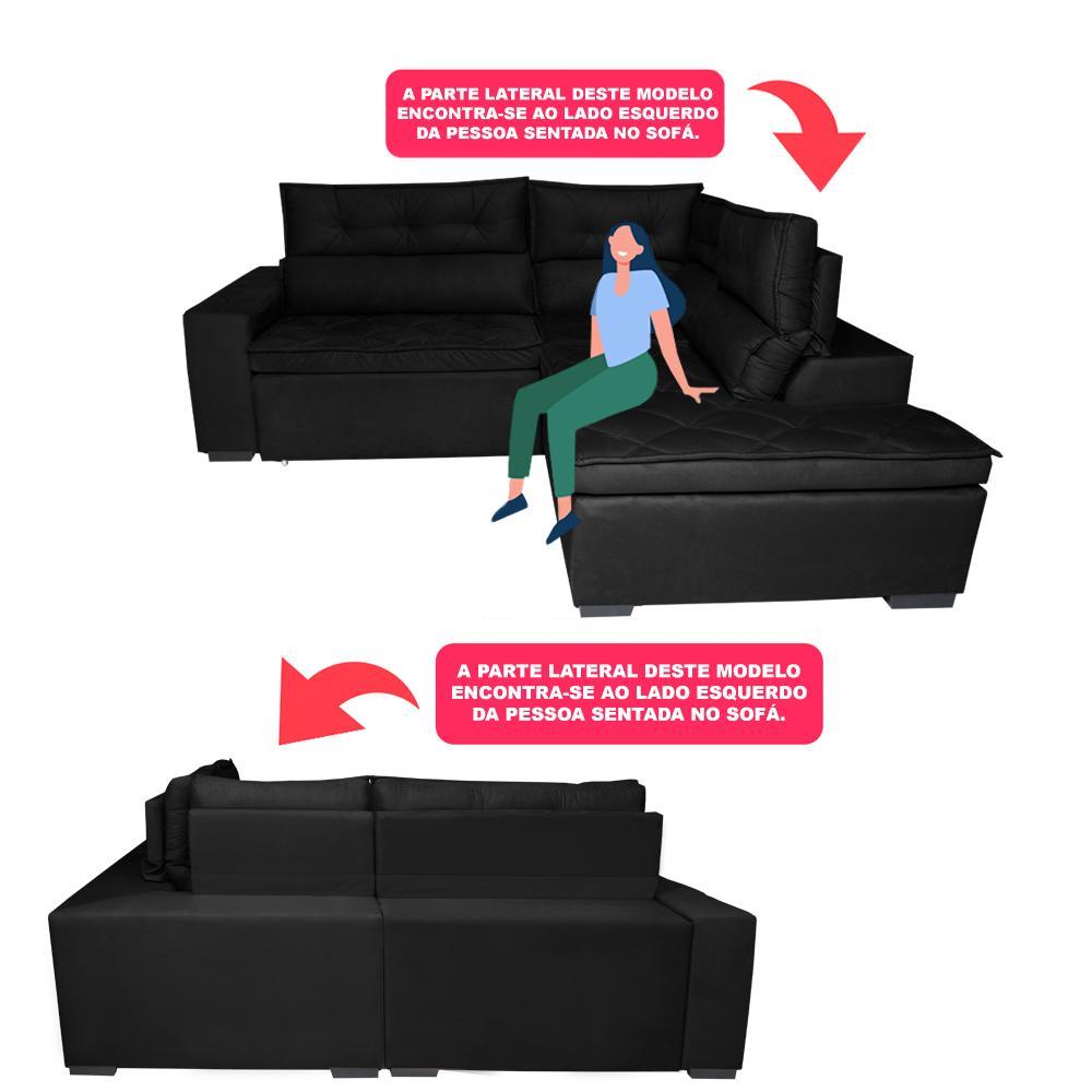 Sofá de Canto 2,60x2,36m Retrátil e Reclinável com Molas Cama inBox Platinum Direito Suede Preto - 4