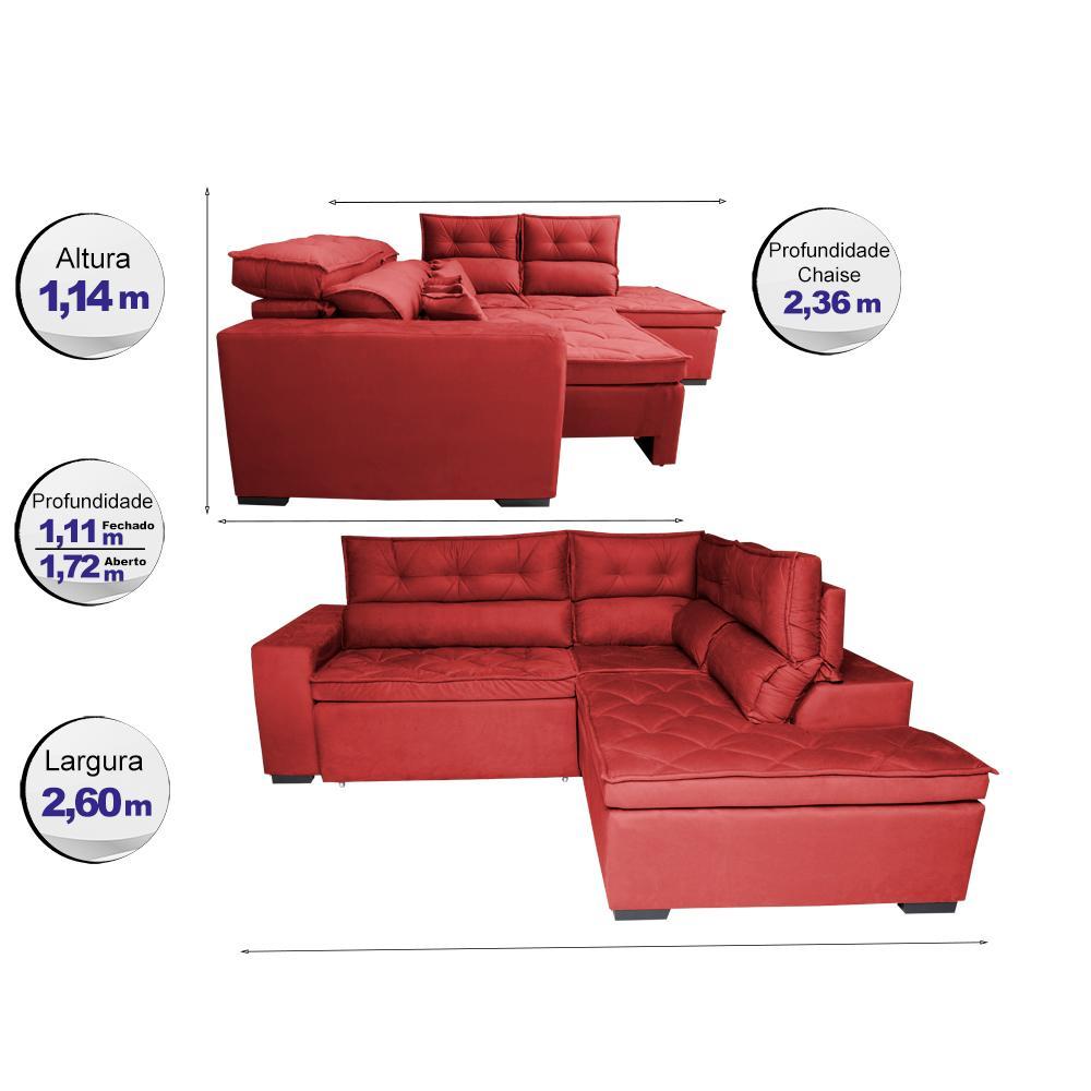 Sofá de Canto 2,60x2,36m Retrátil e Reclinável com Molas Cama inBox Platinum Direito Suede Vermelho - 2