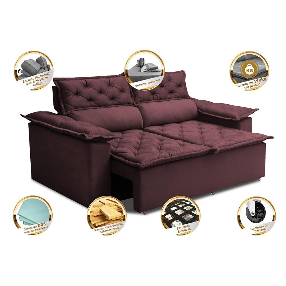 Sofá Retrátil e Reclinável Cama inBox Compact 1,50m Tecido Suede Velusoft Vinho - 3