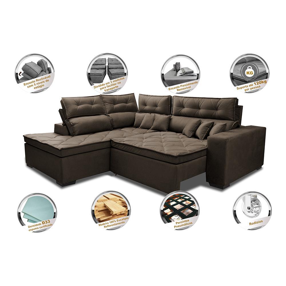 Sofá de Canto 2,60x2,36m Retrátil e Reclinável com Molas Cama inBox Platinum Esquerdo Suede Café - 3