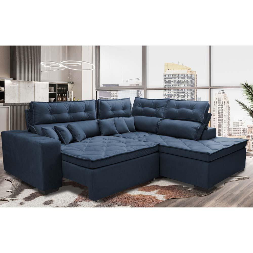 Sofá de Canto 2,60x2,36m Retrátil e Reclinável com Molas Cama inBox Platinum Direito Suede Azul - 1