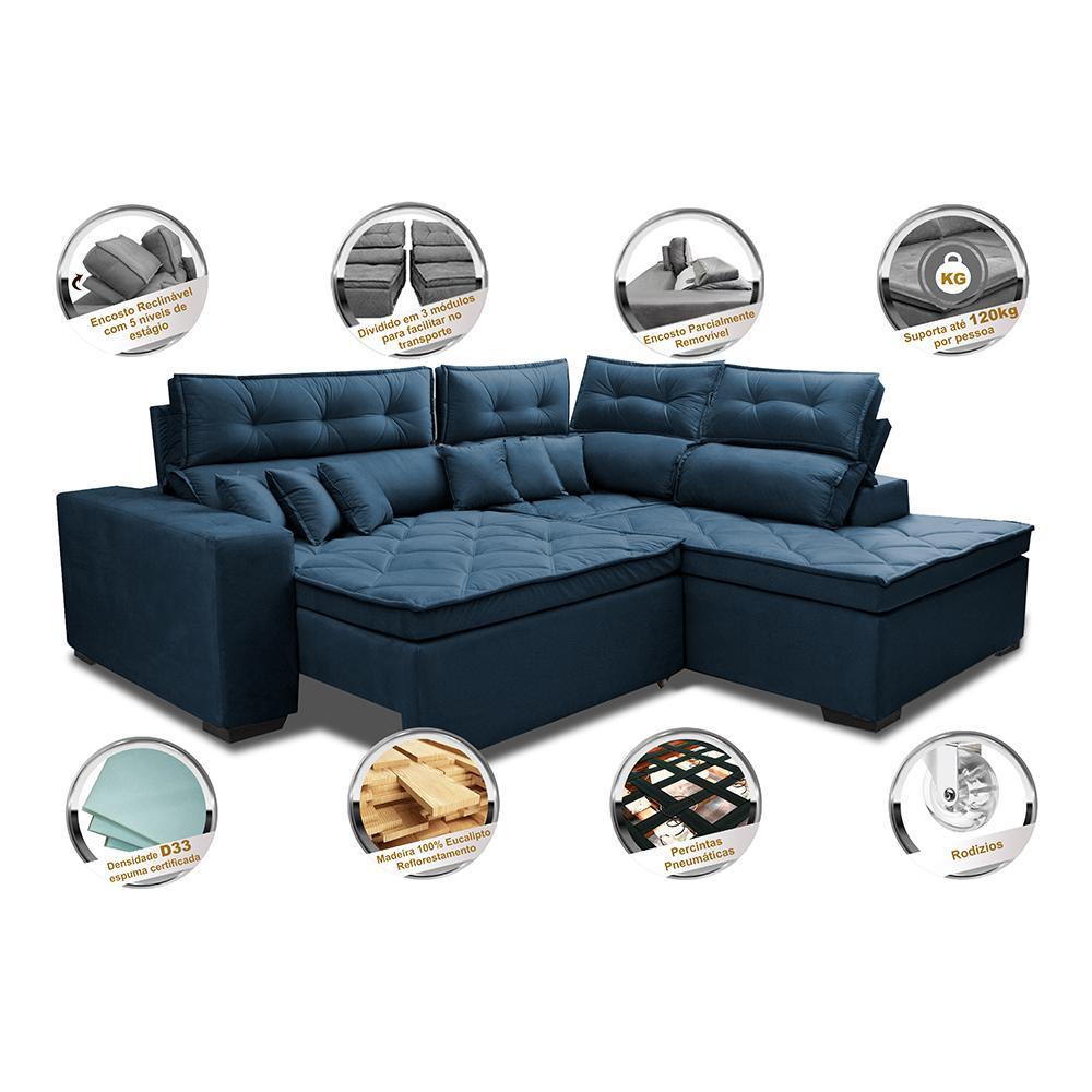 Sofá de Canto 2,60x2,36m Retrátil e Reclinável com Molas Cama inBox Platinum Direito Suede Azul - 3