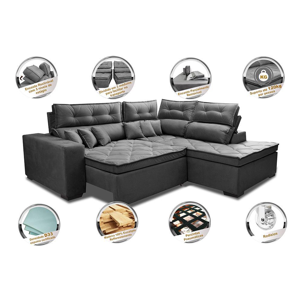 Sofá de Canto 2,60x2,36m Retrátil e Reclinável com Molas Cama inBox Platinum Direito Suede Cinza - 3