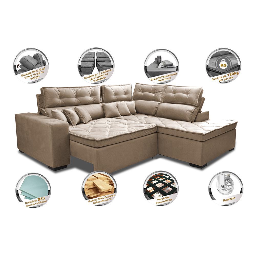 Sofá de Canto 2,60x2,36m Retrátil e Reclinável com Molas Cama inBox Platinum Direito Suede Bege - 3