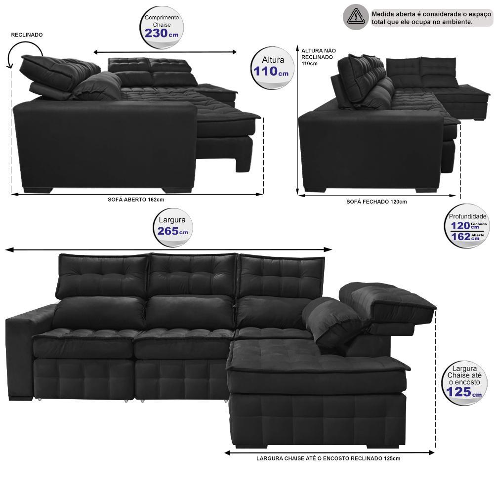 Sofá de Canto Direito 2,65x2,30m Retrátil e Reclinável com Molas Ensacadas Cama inBox Nobre Preto - 3