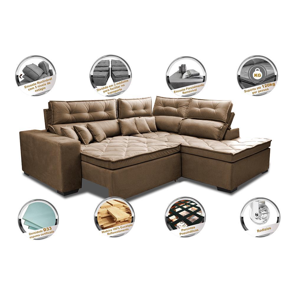 Sofá de Canto 2,60x2,36m Retrátil e Reclinável com Molas Cama inBox Platinum Direito Suede Castor - 3