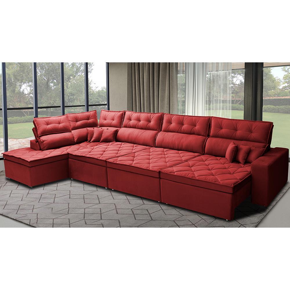 Sofá de Canto 4,80x2,36m Retrátil e Reclinável com Molas Cama inBox Platinum Esquerdo Suede Vermelho - 1