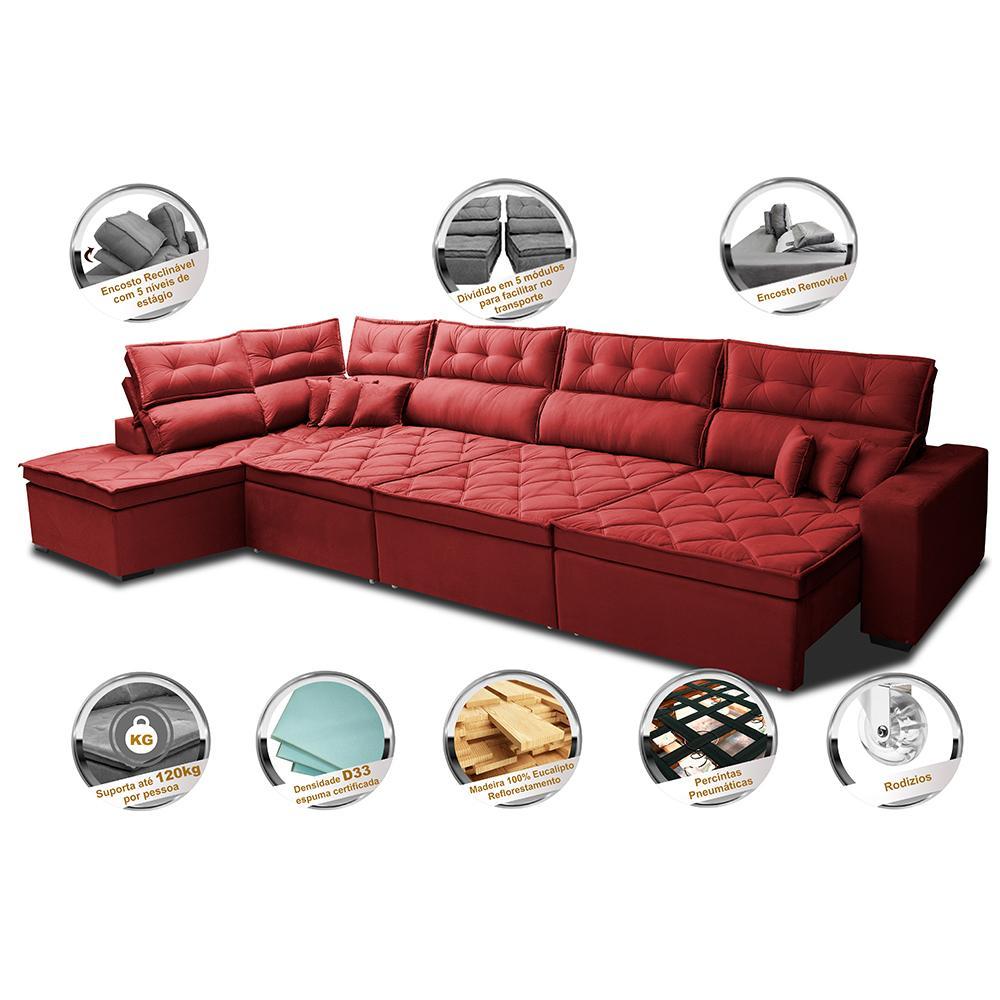 Sofá de Canto 4,80x2,36m Retrátil e Reclinável com Molas Cama inBox Platinum Esquerdo Suede Vermelho - 3