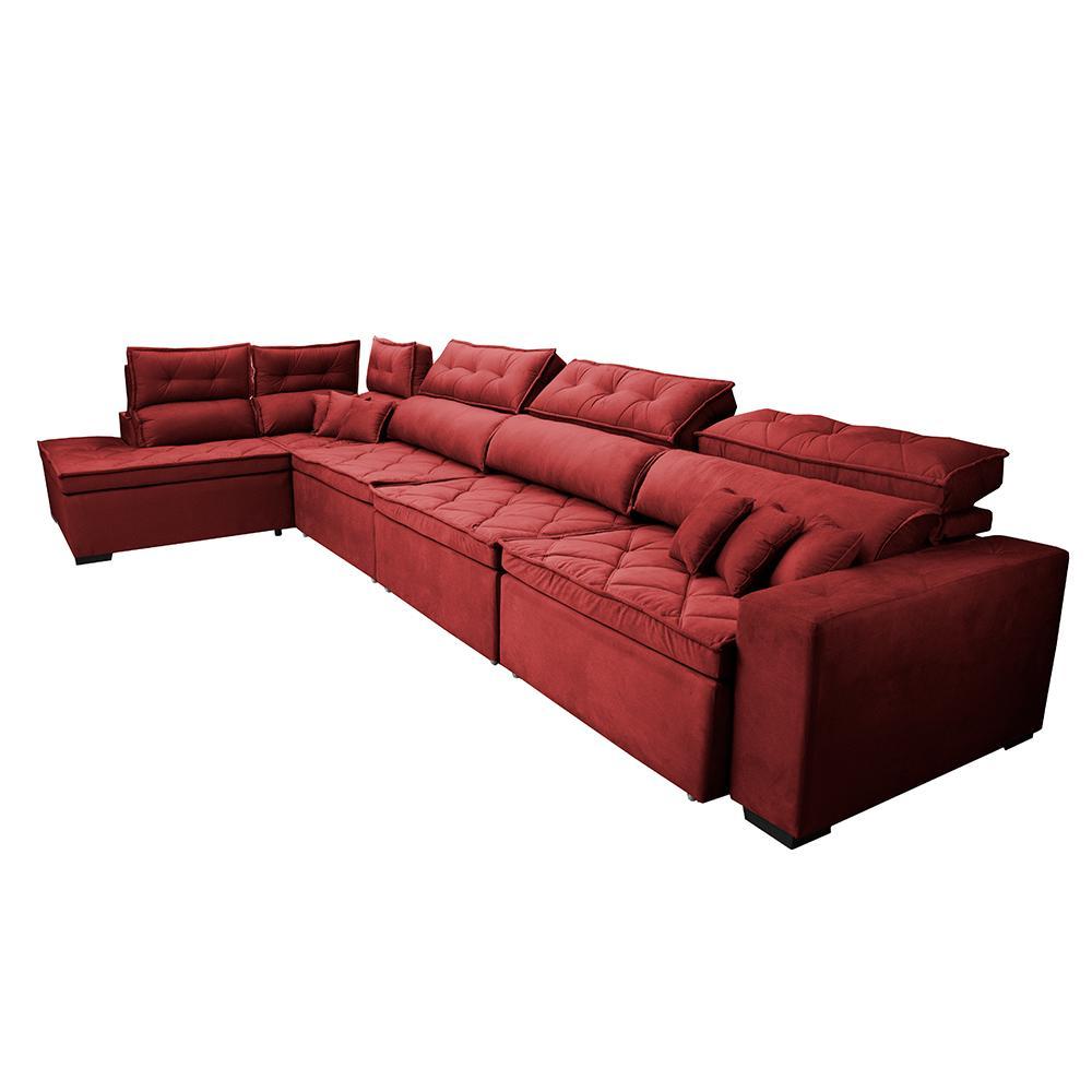 Sofá de Canto 4,80x2,36m Retrátil e Reclinável com Molas Cama inBox Platinum Esquerdo Suede Vermelho - 8