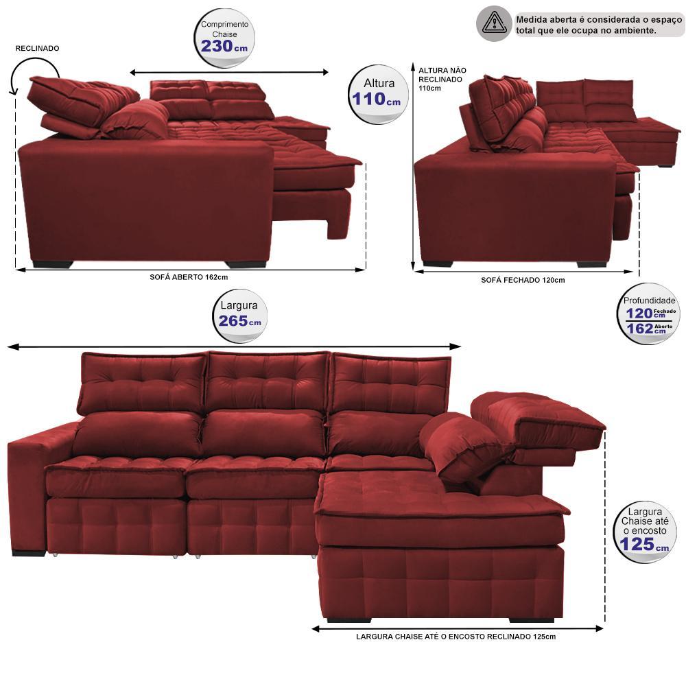 Sofá de Canto Direito 2,65x2,30m Retrátil e Reclinável com Molas Ensacadas Cama inBox Nobre Vermelho - 3