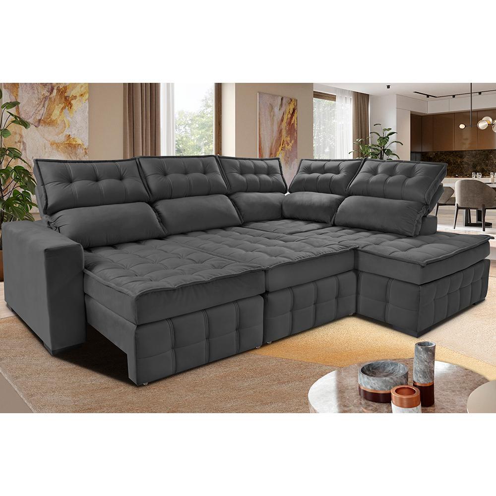 Sofá de Canto Direito 2,65x2,30m Retrátil e Reclinável com Molas Ensacadas Cama inBox Nobre Cinza - 1