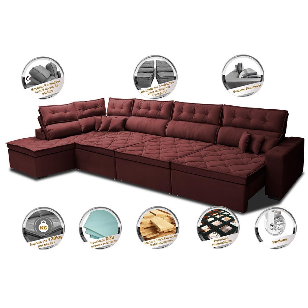 Sofá de Canto 4,80x2,36m Retrátil e Reclinável com Molas Cama inBox Platinum Esquerdo Suede Vinho - 3
