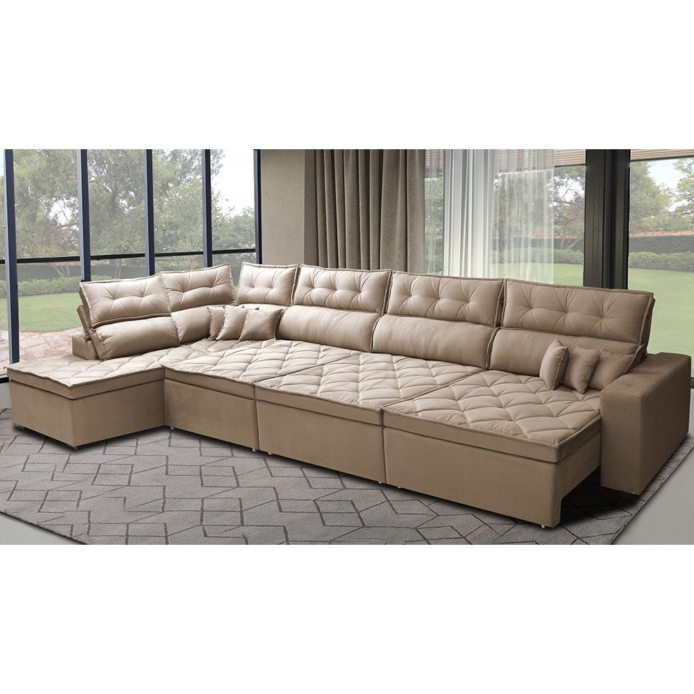 Sofá de Canto 4,80x2,36m Retrátil e Reclinável com Molas Cama inBox Platinum Esquerdo Suede Bege - 1