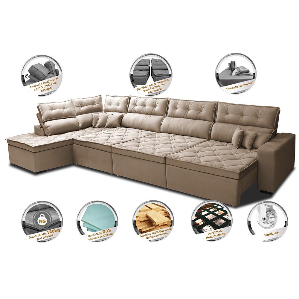 Sofá de Canto 4,80x2,36m Retrátil e Reclinável com Molas Cama inBox Platinum Esquerdo Suede Bege - 3