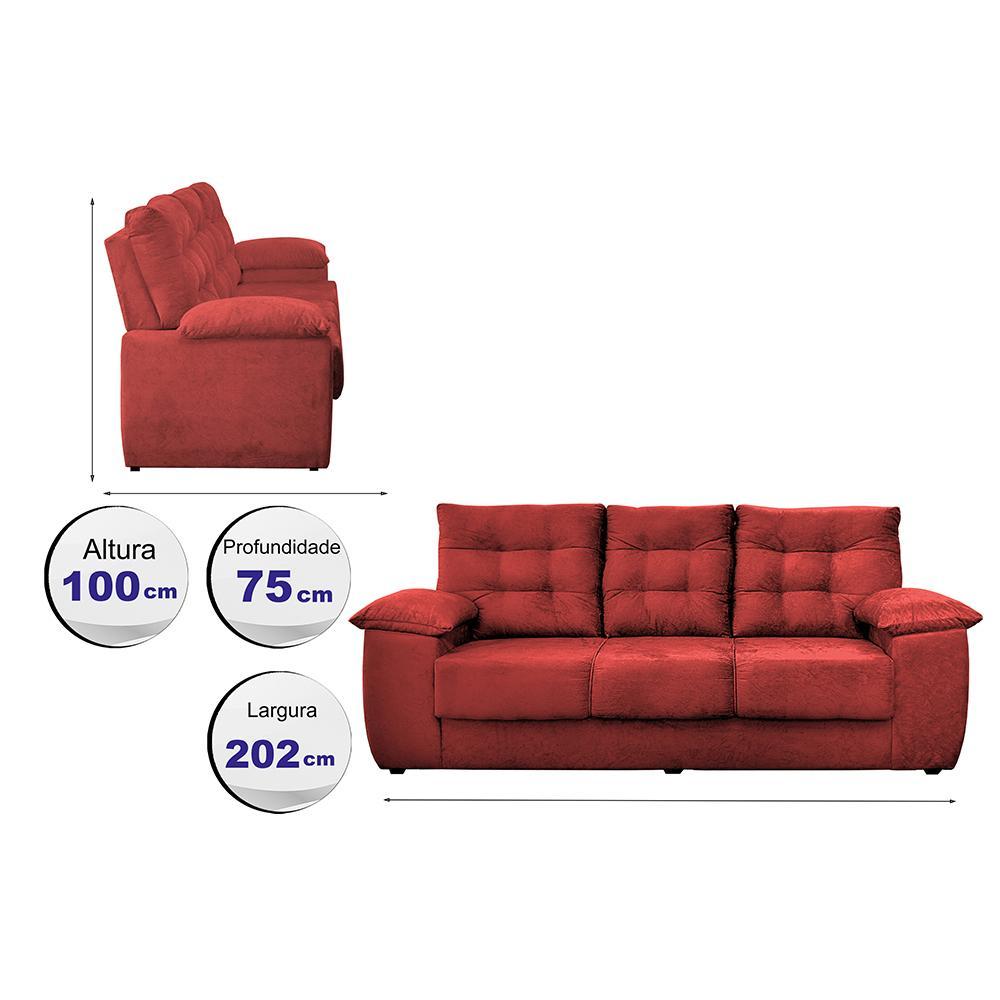 Sofá Luxemburgo 3 Lugares 2,02m Tecido Suede Vermelho - 2