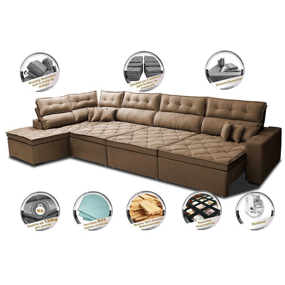 Sofá de Canto 4,80x2,36m Retrátil e Reclinável com Molas Cama inBox Platinum Esquerdo Suede Castor - 3