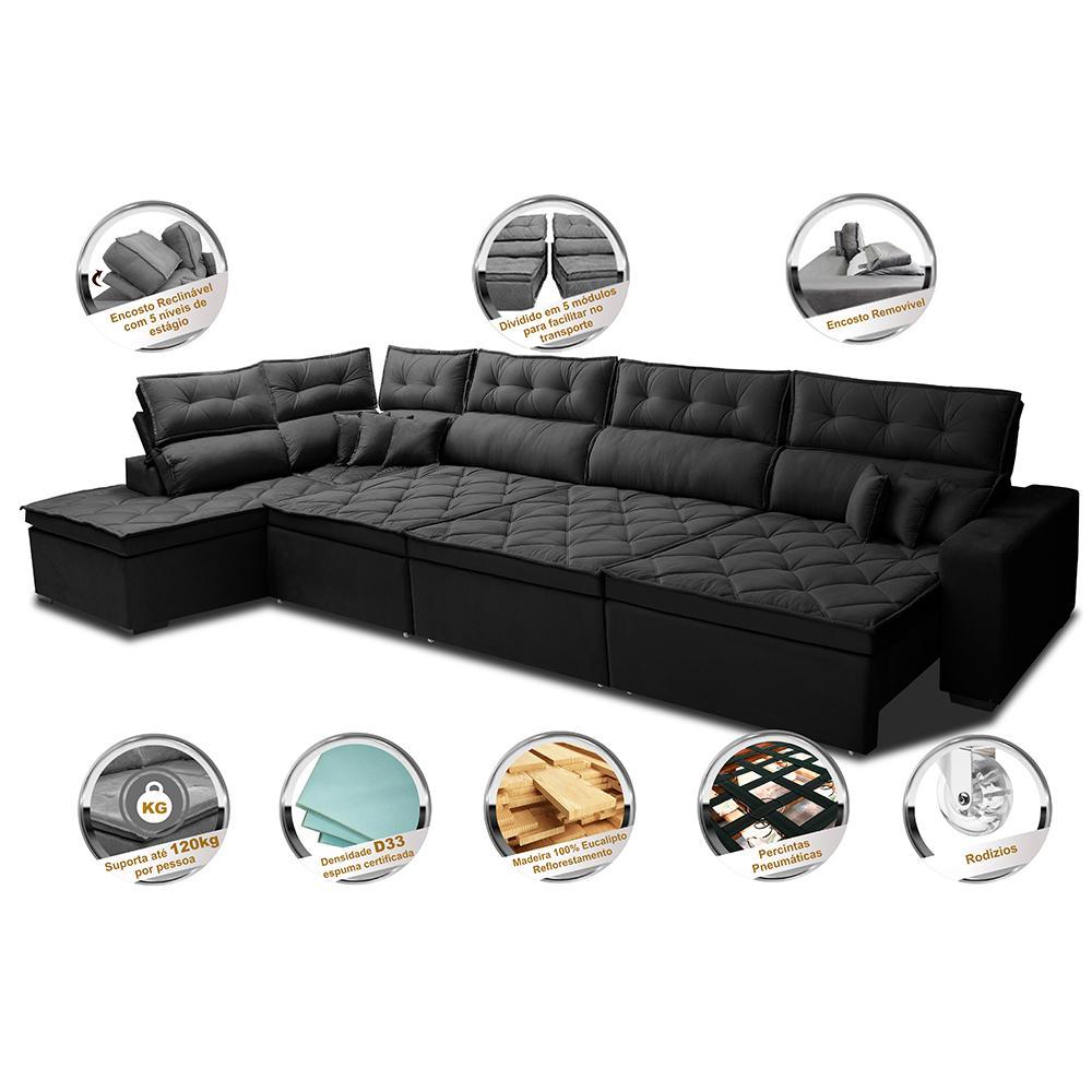 Sofá de Canto 4,80x2,36m Retrátil e Reclinável com Molas Cama inBox Platinum Esquerdo Suede Preto - 3